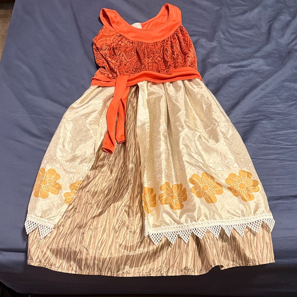 Moana Vibrant Orange and Cream Floral Kids Costume Dress